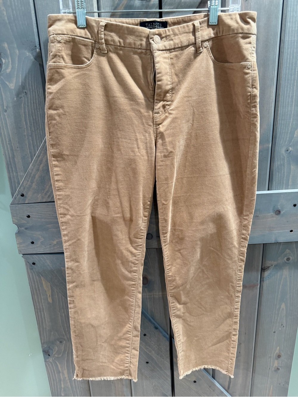 Talbots Flawless Five Pocket Slim Ankle Tan Corduroy Pants Frayed Hem 12P